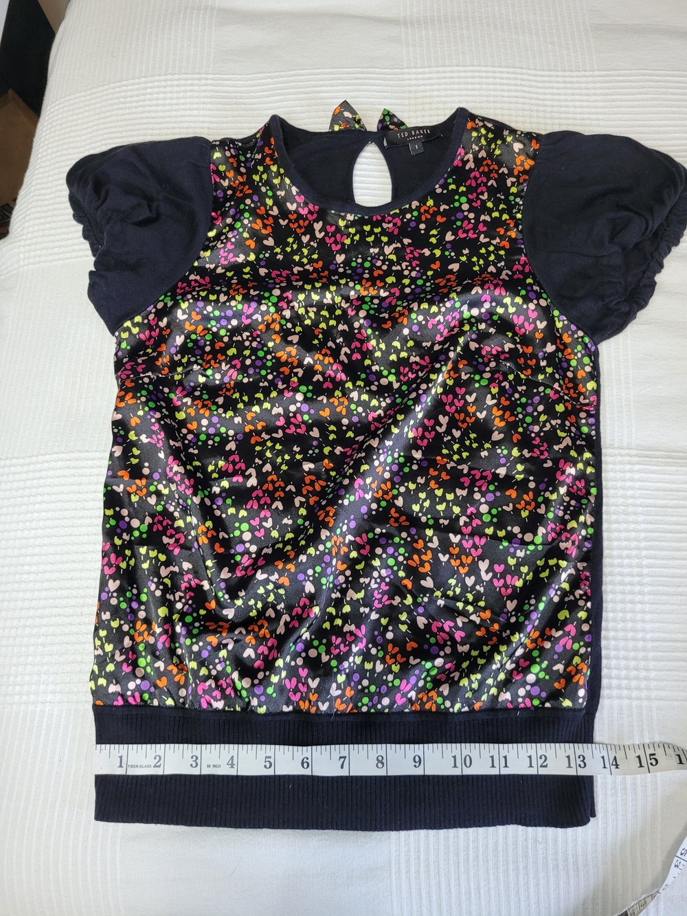 Ted Baker Sophiey Floral Print Mixed Media Puff Sleeve Bow Back Top - Sz 1 (S) - Picture 10 of 11